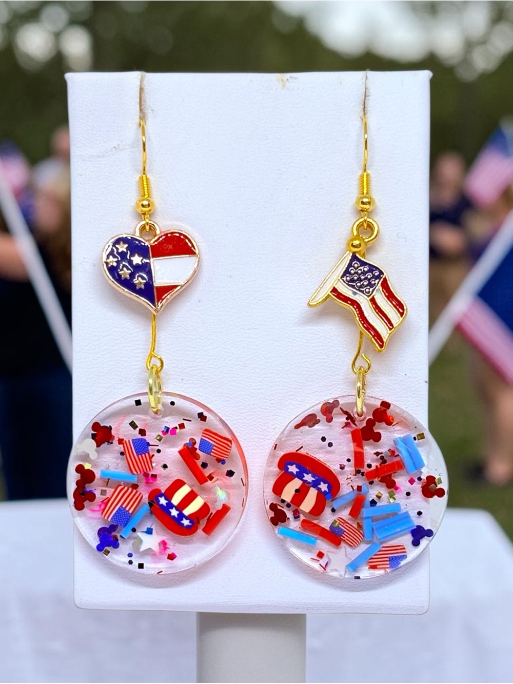 Patriotic Heart & Flag Dangle Earrings - Red, White & Blue